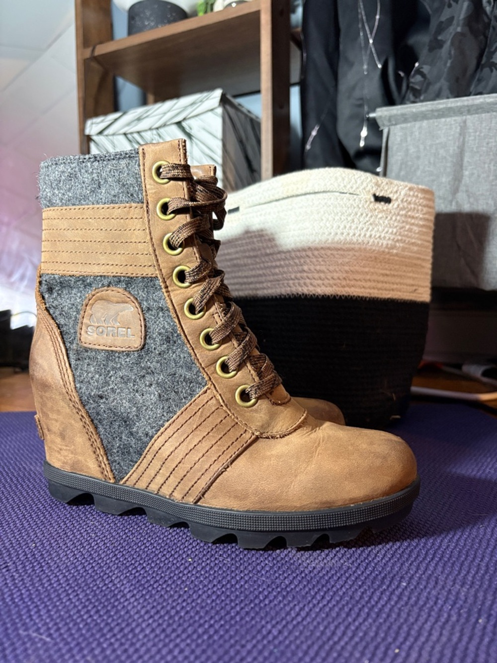 Sorel Brown and Gray Joan Lace Wedge Boots
